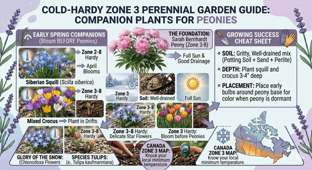 Additional Zone 3 Cold-Hardy Perennials (Companion Plants for Peonies)

Want to build a complete Zone 3 perennial garden around your peonies? Here are proven companions that share the same hardiness and growing conditions:

Early Spring Companions (Bloom Before Peonies)

Siberian Squill (Scilla siberica) — Zone 2-8, brilliant blue flowers in April

Crocus (various species) — Zone 3-8, plant in drifts around peony bases

Glory of the Snow (Chionodoxa) — Zone 3-8, star-shaped blue flowers

Early Tulips (species tulips) — Many are Zone 3 hardy, bloom before peonies emerge